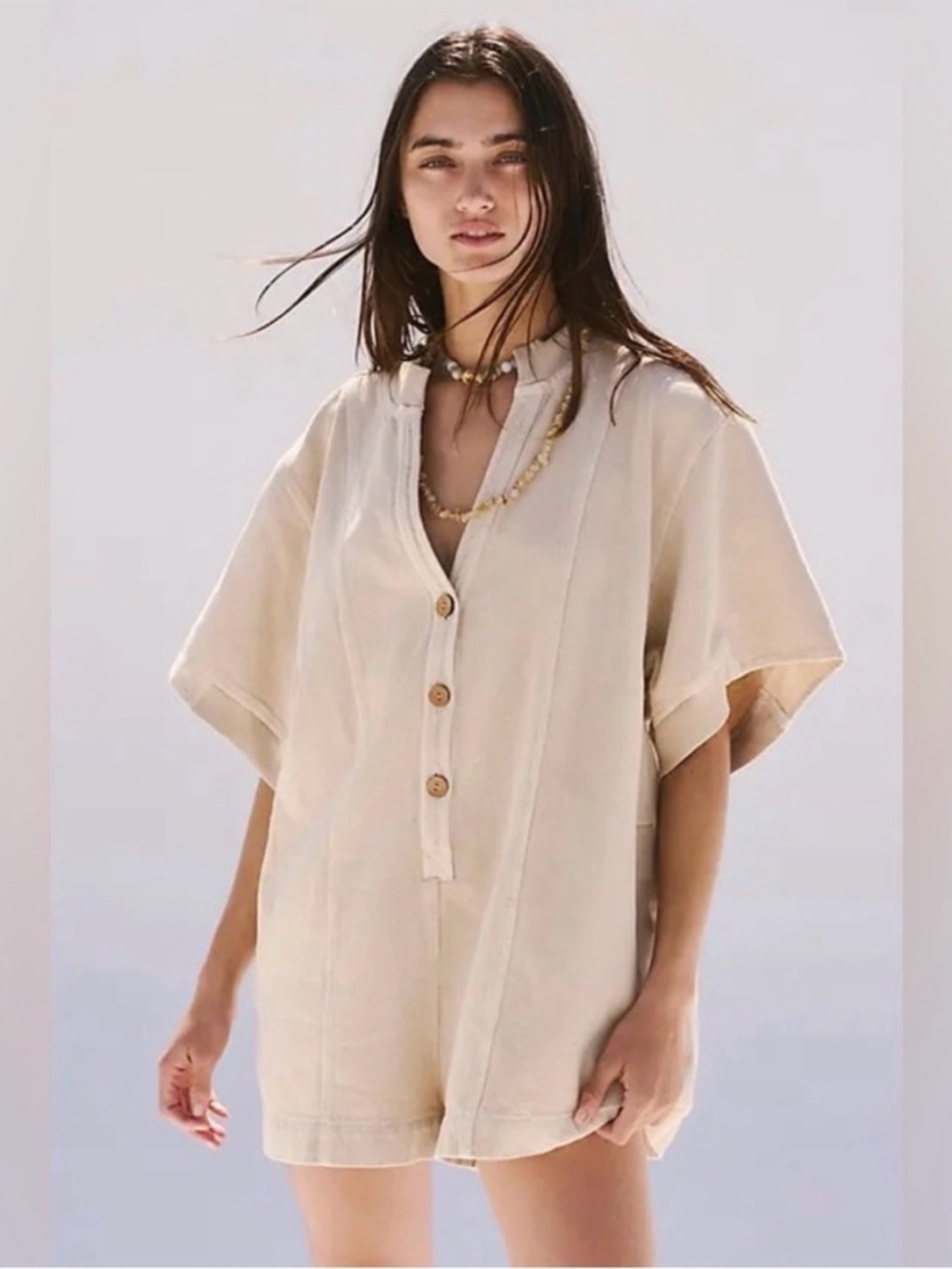 Free People Cream Button-Front Short Sleeve Romper